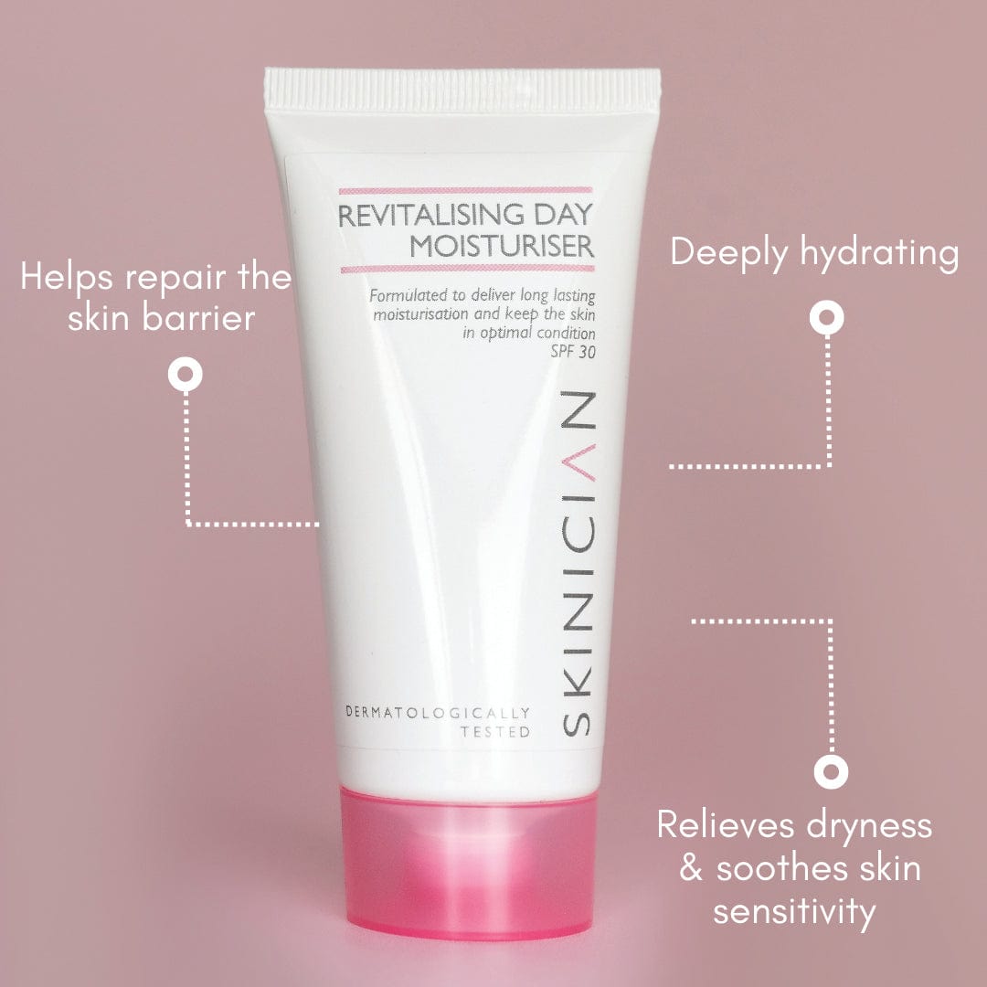  Skinician Revitalising Moisturiser SPF 30 annotated image. The annotations say 'Helps repair the skin barrier', 'Deeply hydrating' and 'Relieves dryness & soothes skin sensitivity. 