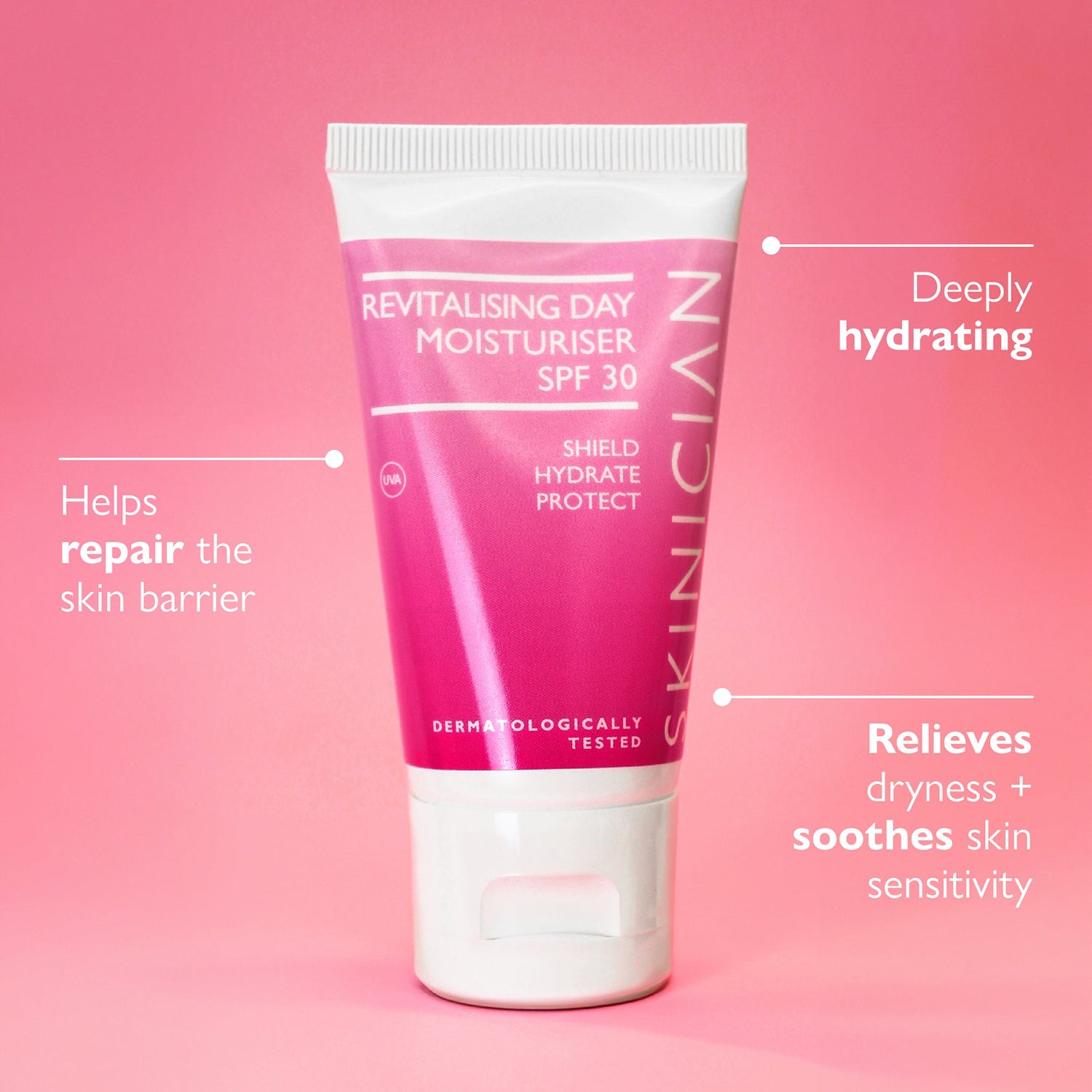 Image of Skinician Revitalising Moisturiser tube on a pink background. The image contains text which reads 'Helps repair the skin barrier', 'Deeply hydrating' and 'Relieves dryness & soothes skin sensitivity.'