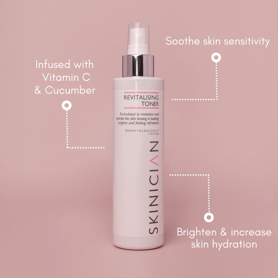 Revitalising face toner annotated image.  The annotations say 'Infused with Vitamin C & Cucumber', 'Soothe skin sensitivity' and 'Brighten & increase skin hydration'.