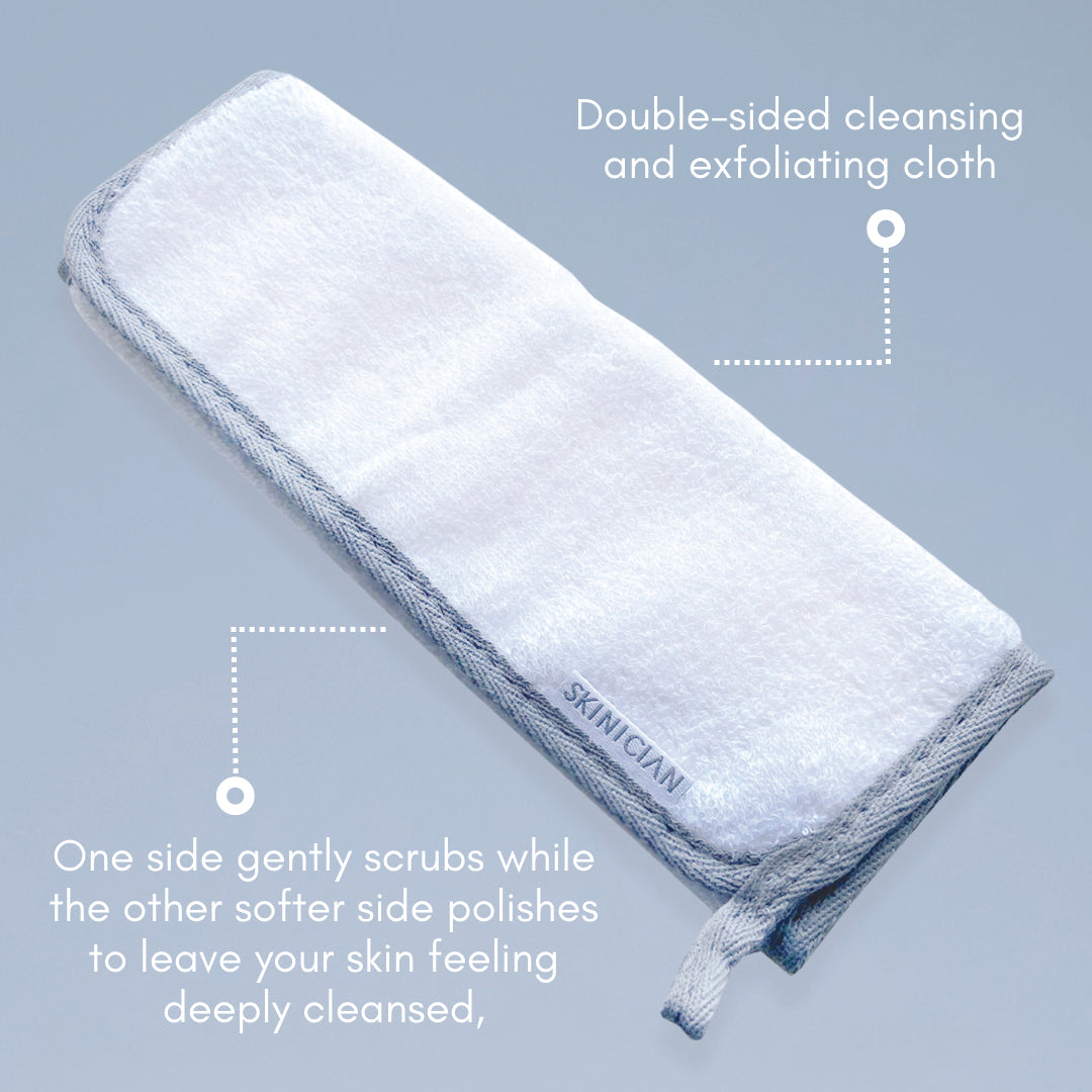 Luxury skincare face cloth and muslin annotated image. The annotations say 'One side gently scrubs while the other softer side polishes to leave your skin feeling deeply cleansed' and 'Double-sided cleaning and exfoliating cloth'.