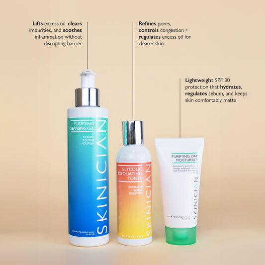 Image of the products contained in the Balance and Detox set on a beige background with text highlighting each product's key benefits.

The text reads:
Purifying Cleansing Gel - Lifts excess oil, clears impurities and soothes inflammation

Glycolic Toner - Refines pores, controls congestion and regulates excess oil

Purifying Day Moisturiser - Lightweight SPF 30 protection that hydrates, regulates sebum and keeps skin comfortably matte
