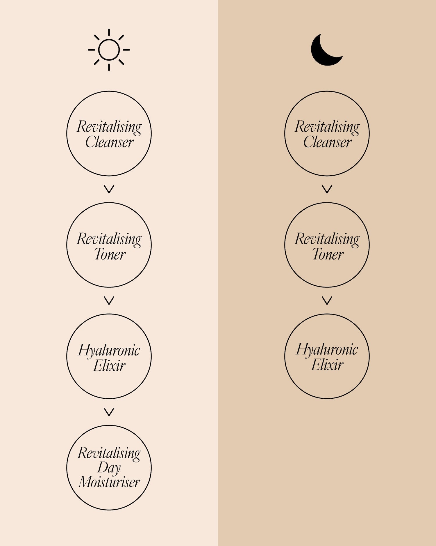 AM and PM skincare routine diagram for sensitive skin. Morning (sun icon): Revitalising Cleanser, Revitalising Toner, Hyaluronic Elixir, Revitalising Day Moisturiser. Night (moon icon): Revitalising Cleanser, Revitalising Toner, Hyaluronic Elixir.