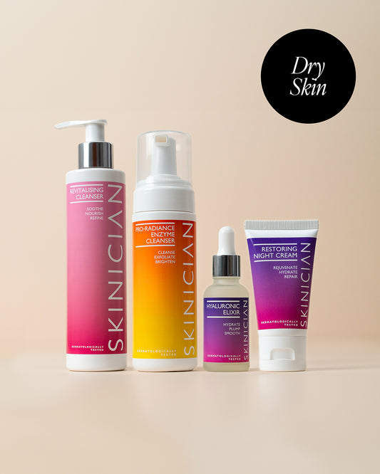 Image of products in Dry Skin Bundle on beige background