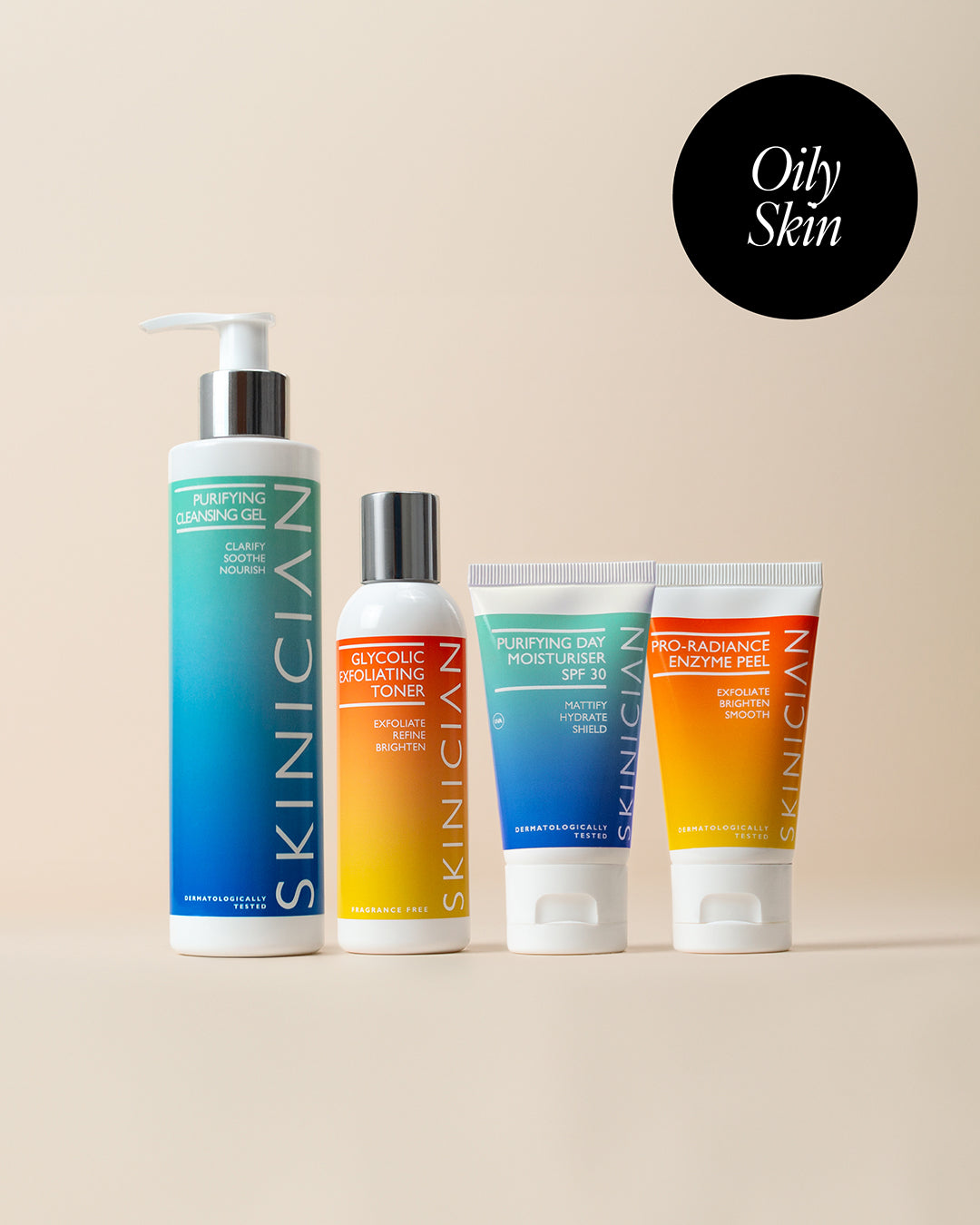 Products contained in Oily Skin skincare on a beige background