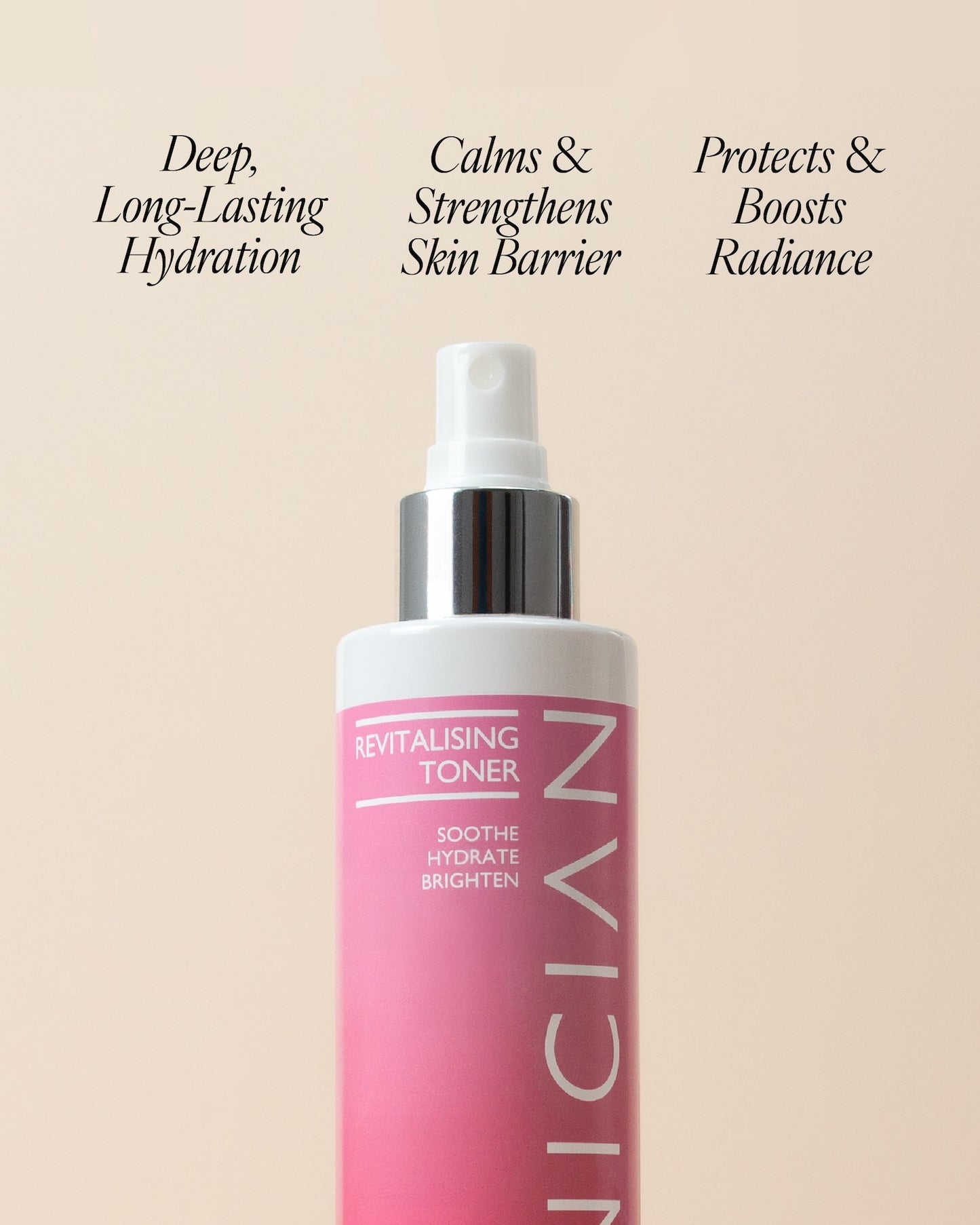 Pink toner bottle with text on a beige background