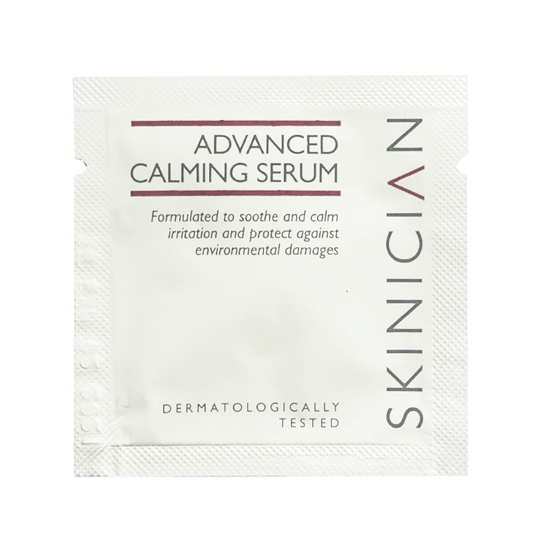 Skinician calming serum sachet image.  Formulated to soothe and calm irriation and protect against environmental damages.  Dermatologically tested.