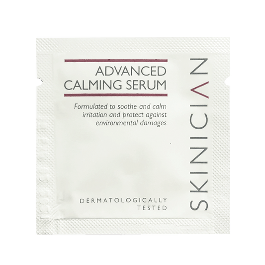 Skinician calming serum sachet image.  Formulated to soothe and calm irriation and protect against environmental damages.  Dermatologically tested.