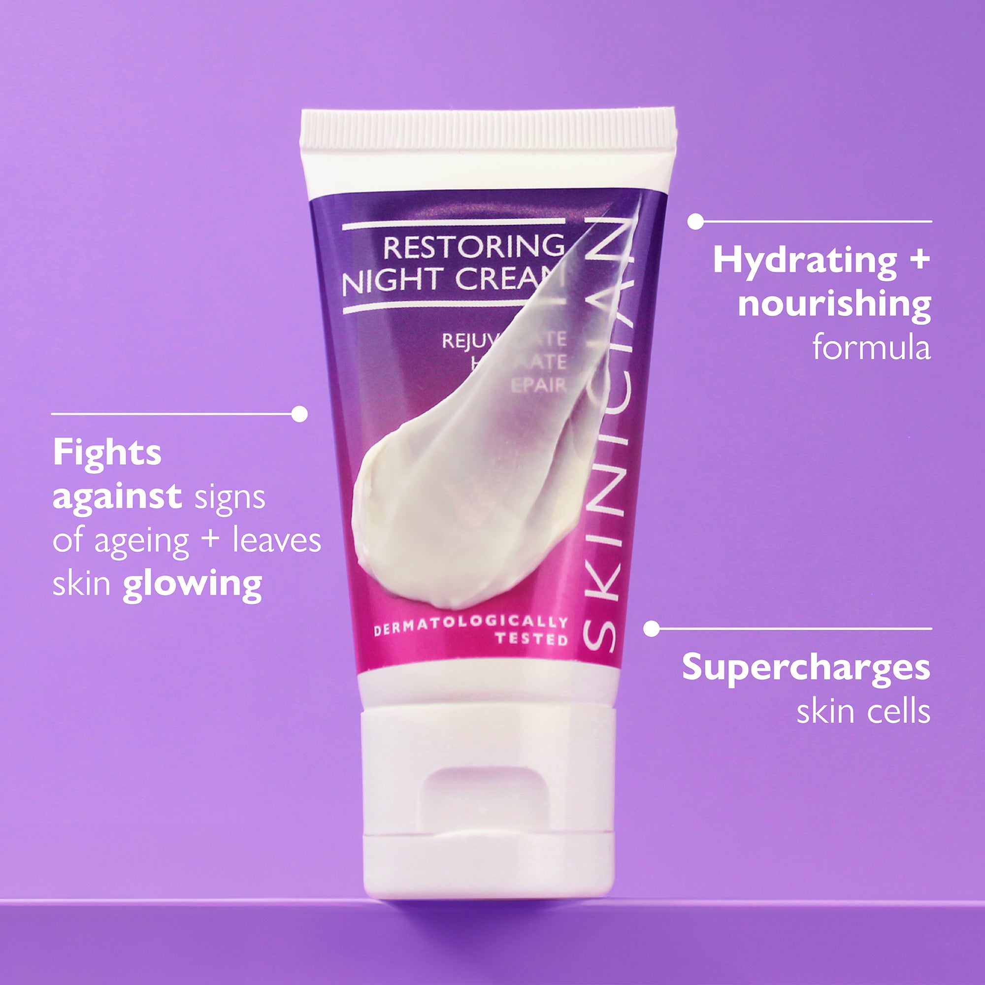 Tube of Skinigenian Restoring Night Cream on a purple background and featuring text highlighting the following benefits: 