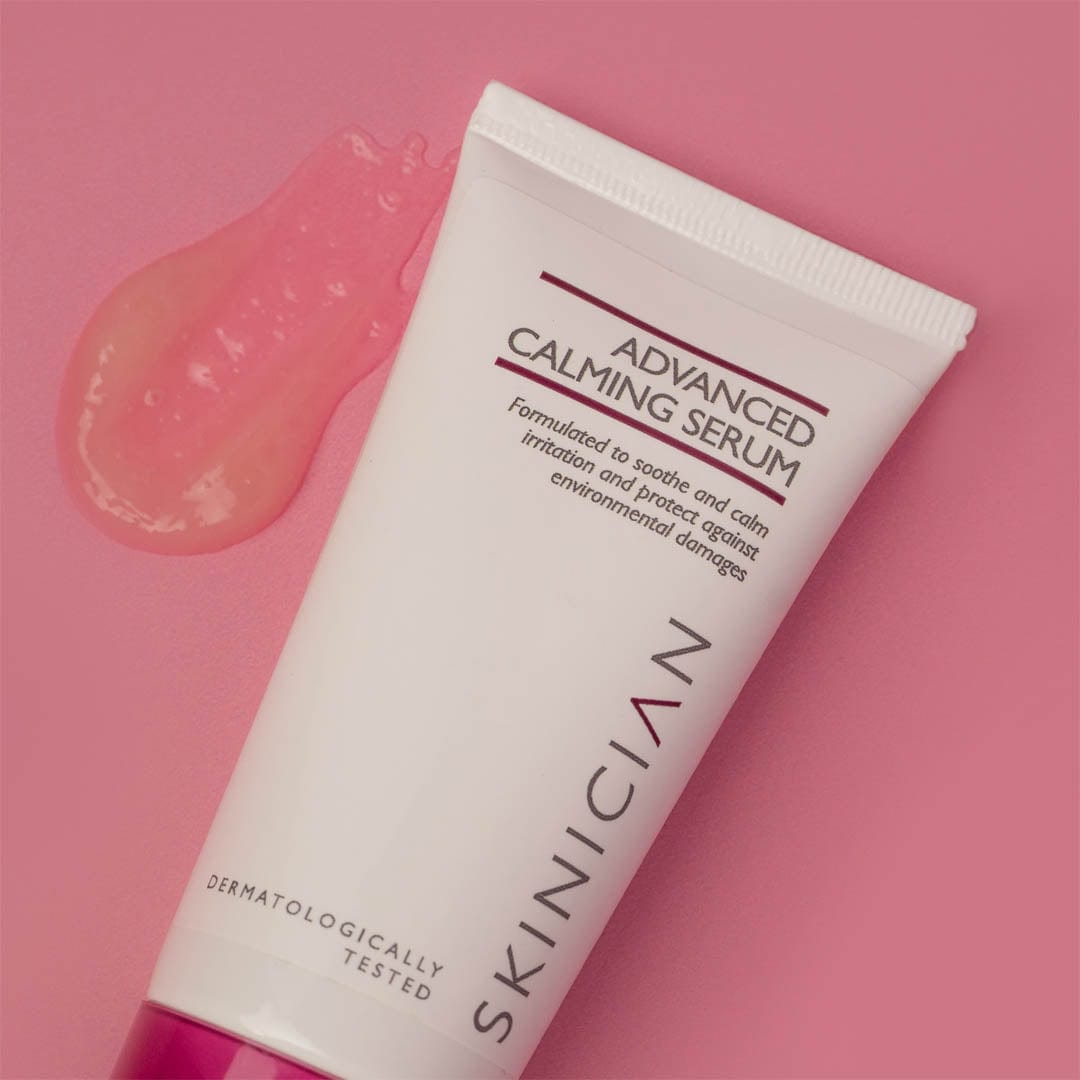 SKINICIAN Advanced Calming Serum tube with product texture displayed alongside