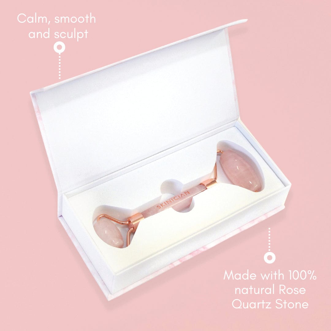 Rose Quartz Massage tool benefits in a annotated image.  The annotations say 'Calm, smooth and sculpt' and 'Made with 100% natural Rose Quartz Stone'.