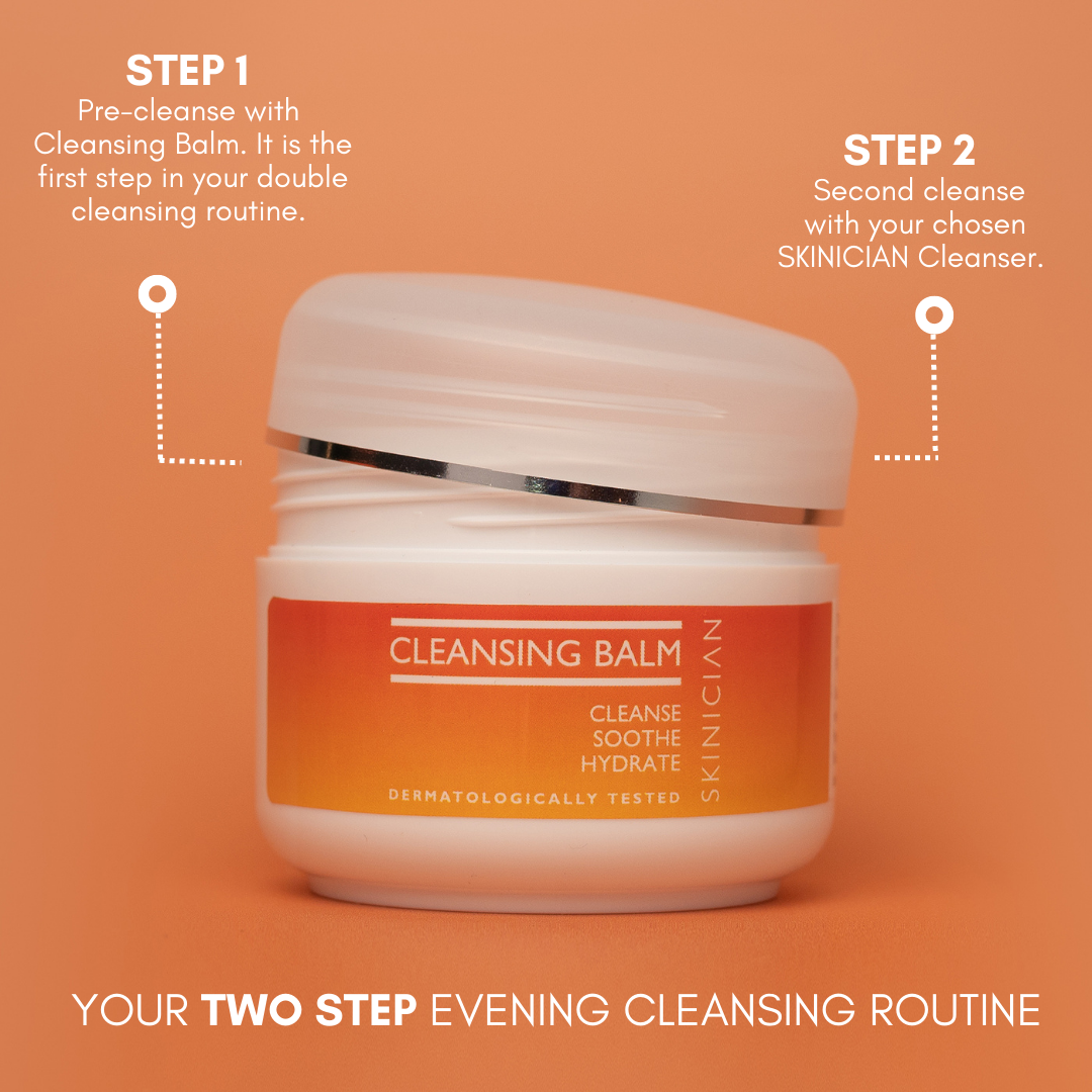 Annotated image of 2 step evening cleansing routine.  Step 1 - Pre-Cleanse with Cleansing Balm.  Step 2 - 2nd cleanse with your chosen skinician cleanser.