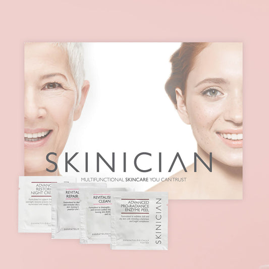 Dry skin sample sachets x 4 with a skinician product brochure