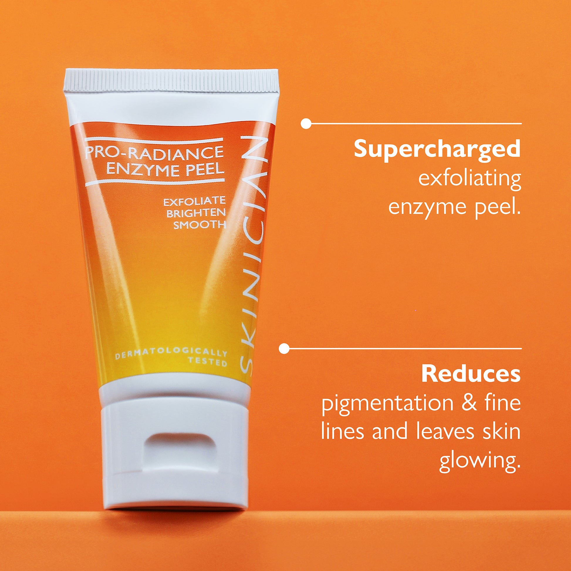 The professional enzyme peel mask product image with two annotations. Annotation one: 'supercharged exfoliating enzyme peel', annotation two 'reduce pigmentation & fine lines and leave skin glowing'.