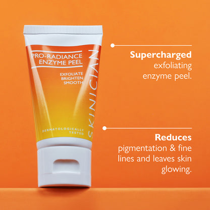 The professional enzyme peel mask product image with two annotations. Annotation one: 'supercharged exfoliating enzyme peel', annotation two 'reduce pigmentation & fine lines and leave skin glowing'.