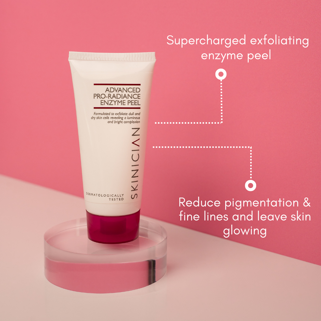 The professional enzyme peel mask product image with two annotations. Annotation one: 'supercharged exfoliating enzyme peel', annotation two 'reduce pigmentation & fine lines and leave skin glowing'.