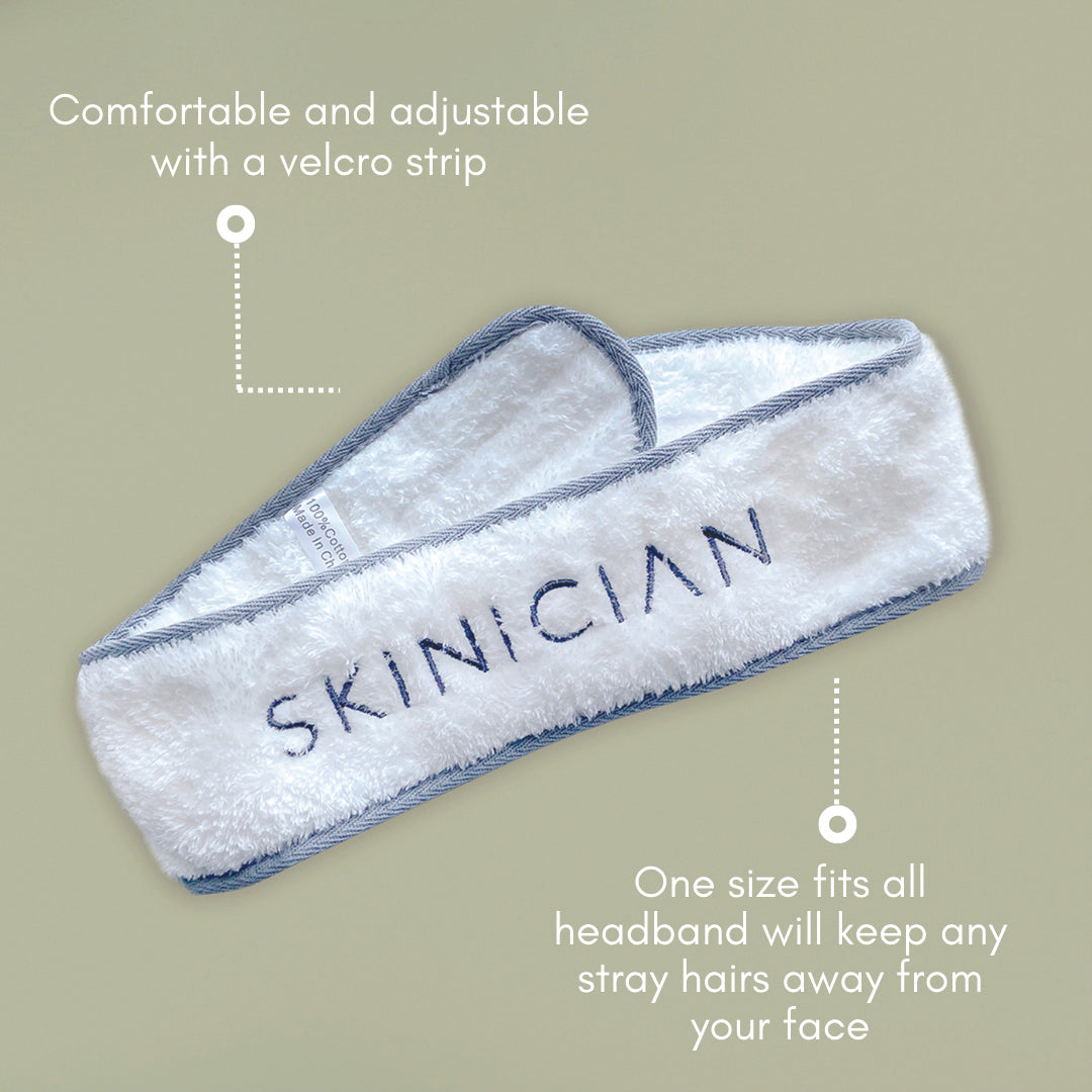 Luxury skincare head band annotated image. The annotations say 'Comfortable and adjustable with a velcro strip', and 'One size fits all headband will keep any stray hairs away from your face'.