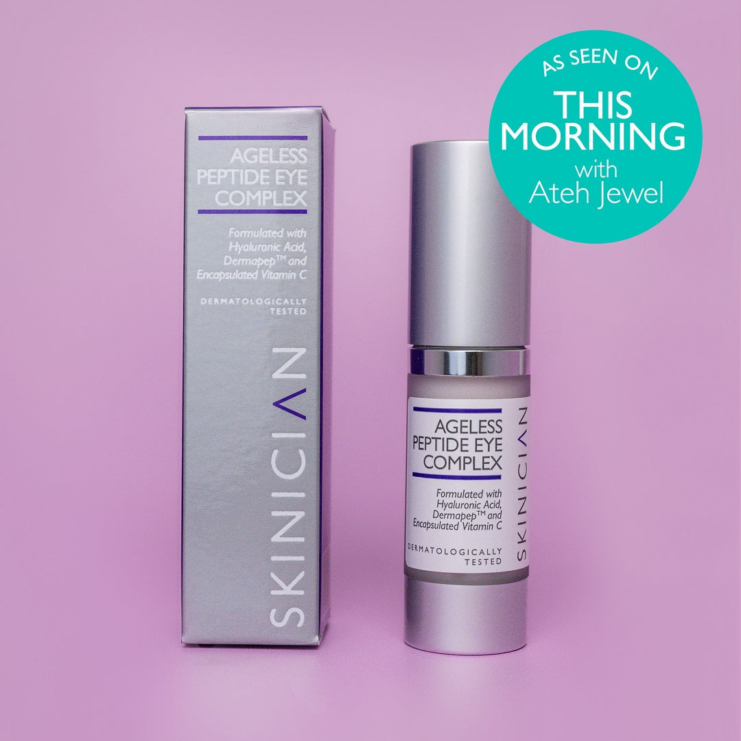 SKINICIAN Peptide Eye Complex box and airless container shown with a As seen On This Morning logo