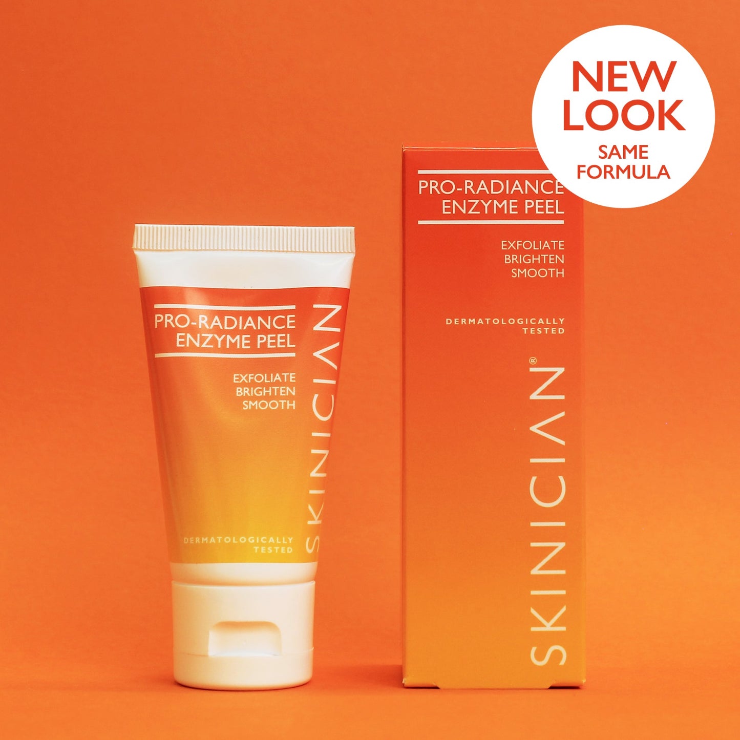 Pro-Radiance Enzymatic Peel tube and box with round icon that says "New Look. Same Formula"