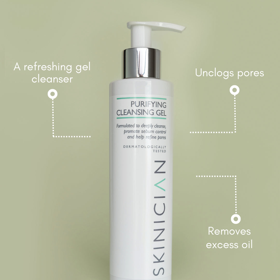 Purifying cleansing gel and face wash annotated image.  The annotations say 'A refreshing gel cleanser', 'unclogs pores' and 'Removes excess oil'.