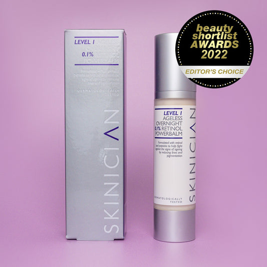 Skinician retinol powerbalm bottle and carton with a beauty shortlist awards logo displayed, editors choice winner