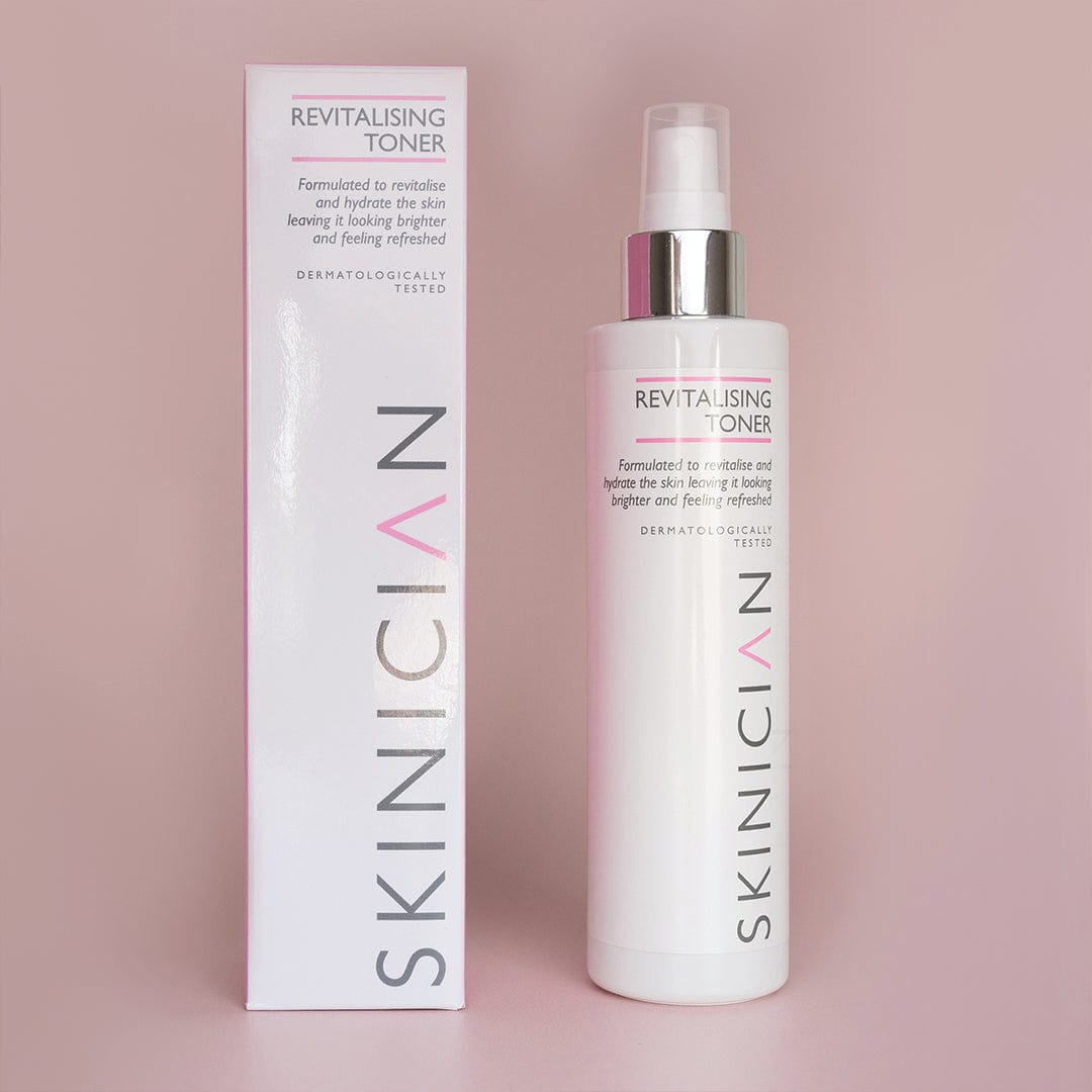 SKINICIAN Revitalising Toner for face.  Bottle with a spritz pump and box displayed.