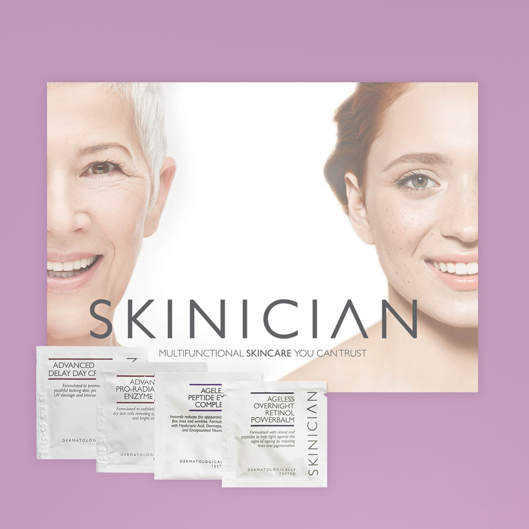 Skinician brochure with 4 samples displayed for use with facial pigmentation.  Day cream with SPF30, Eye peptide cream, enezyme peel and retinol balm.