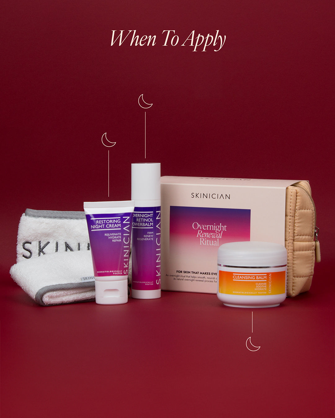 A set of five skincare products from Skincian arranged next to a beige quilted cosmetic bag on a dark red background.  Image gives instructions on when to apply each product.