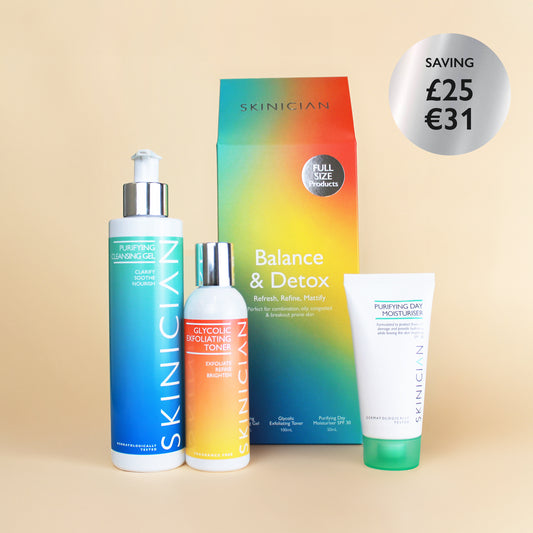 Image of Skinician Balance and Detox set outer box beside the products it contains on a beige background. The image features the text "saving £25 / €31"