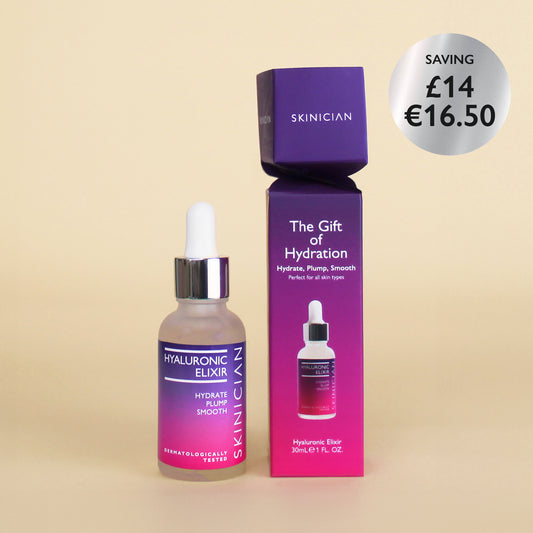 Skinician Hyaluronic Elixir bottle and packaging on a beige background. Image features text "saving £14 / €16.50"