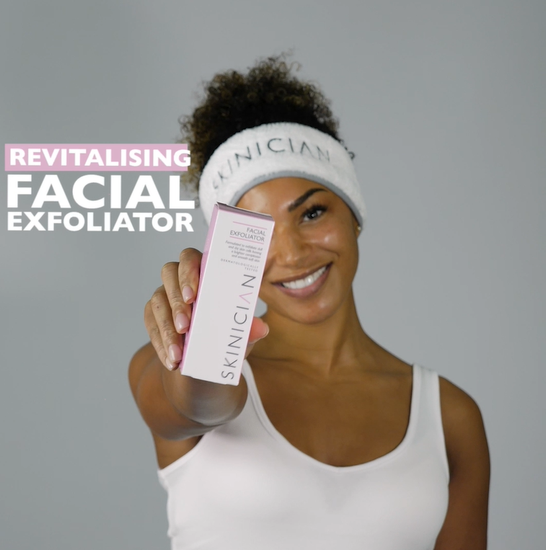Youtube video of Skinician face exfoliator for dry skin.  Dispensed onto a ladies hand and massaged into facial skin