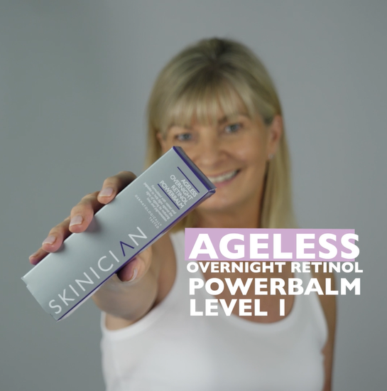 Youtube video of Overnight Retinol Powerbalm being pumped onto a womans hand and applied to the facial area.